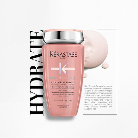 Kérastase Chroma Absolu Bain Chroma Respect shampoo bottle for fine to medium hair, 250ml, with sleek packaging.