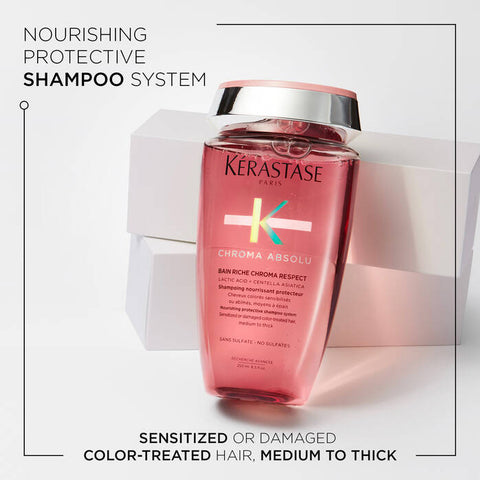 Kérastase Chroma Absolu Bain Riche Respect shampoo for thick, colored hair, showing the rich shampoo bottle with purple accents.