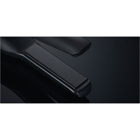GHD Unplugged black straightener with sleek design and ceramic plates for smooth, styled hair.