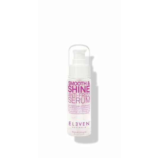 Eleven Australia Smooth & Shine Anti-Frizz Serum 60ml shine spray bottle with a sleek design, designed to reduce frizz and add shine.