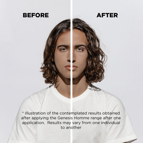 Kérastase Genesis Homme thickening shampoo bottle for men with before and after images showing hair volume and thickness.