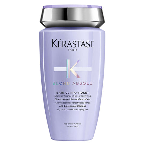 Kérastase Blond Bain Ultra-Violet shampoo bottle, 250ml, with purple and gold label, designed for blond hair care.