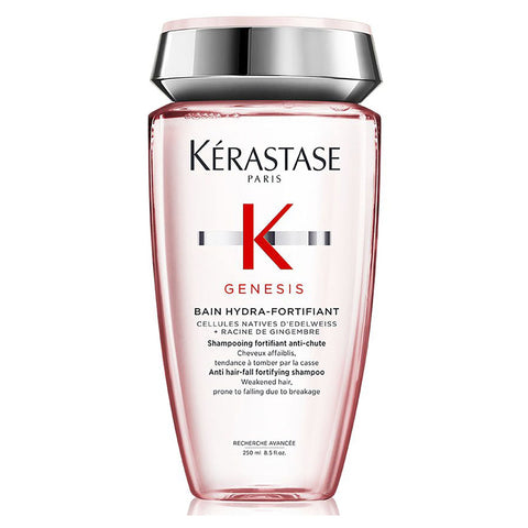 Kérastase Genesis Bain Hydra-Fortifiant shampoo bottle, 250ml, with sleek packaging and product label visible.