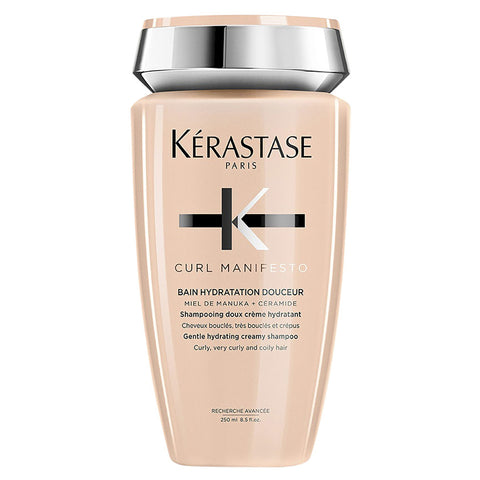 Kérastase Curl Manifesto Bain Hydration Douceur curl shampoo in 250ml bottle, showing the product with a sleek label.