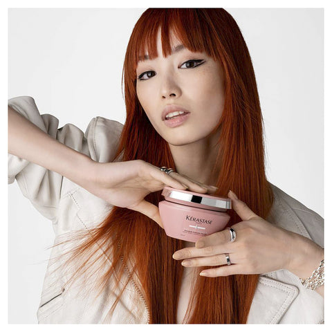 Kérastase Chroma Absolu Masque Filler hair mask in a 200ml jar, shown with smooth, glossy hair and nourishing treatment packaging