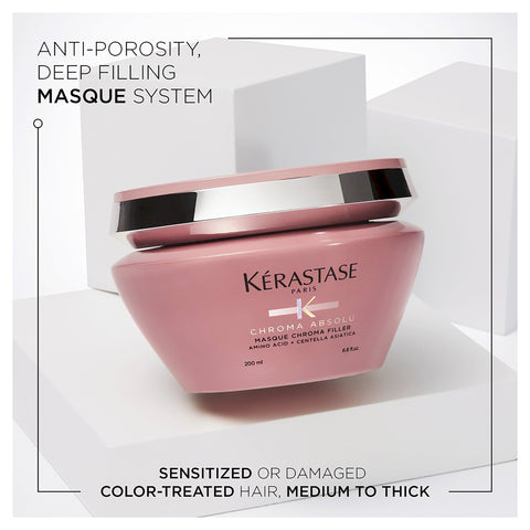Kérastase Chroma Absolu Masque Filler hair mask in a 200ml jar, designed for nourishing and repairing color-treated hair.