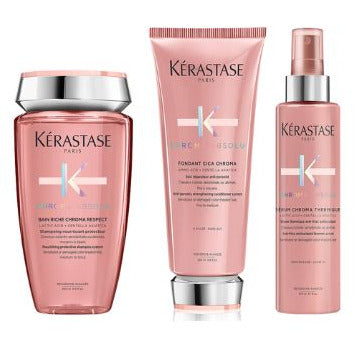 Kérastase Chroma Absolu Riche Bundle including shampoo, conditioner, and treatment for colored hair care.