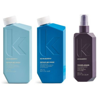 Kevin Murphy Repair Bundle showing hair care products, including shampoo, conditioner, and treatment bottles for damaged hair.