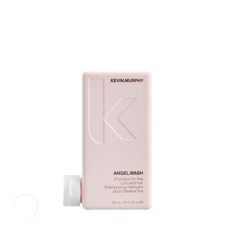 Kevin Murphy Angel.Wash 250ml shampoo bottle, a sleek white container with black cap, showcasing the hair care product.