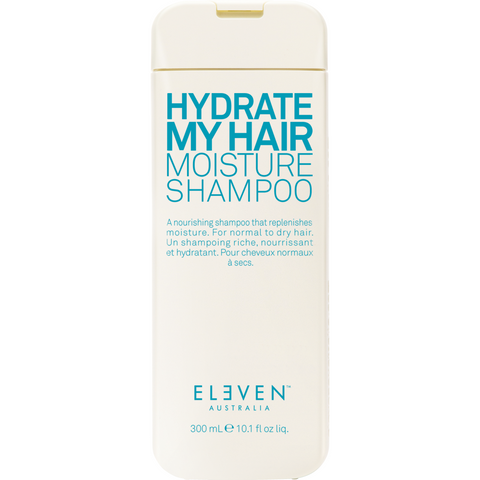 Eleven Hydrate My Hair Moisture Shampoo in a 300ml bottle, featuring a clear label and pump dispenser for nourishing hair care.