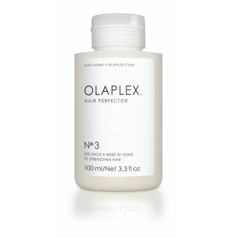 Olaplex No.3 Hair Perfector Treatment 100ml jar showing the white container with black lid, used for repairing damaged hair.