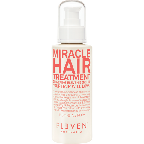 Eleven Australia Miracle Hair Treatment 125ml bottle showing sleek packaging and pump dispenser for nourishing hair care.