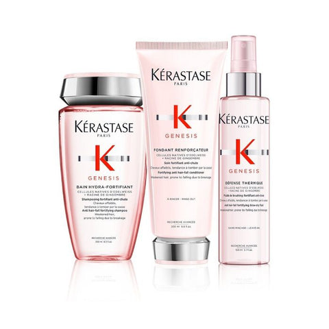 Kérastase Genesis anti-hair fall bundle for fine hair, including shampoo, conditioner, and treatment in a sleek hair care set.