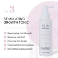 Stïm Haircare stimulating growth tonic in a clear bottle, showing the liquid formula and applicator tip for hair growth treatment.