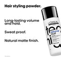 L'Oréal Professionnel Volume Dust styling powder in 7g container, showing the product packaging and applicator brush.