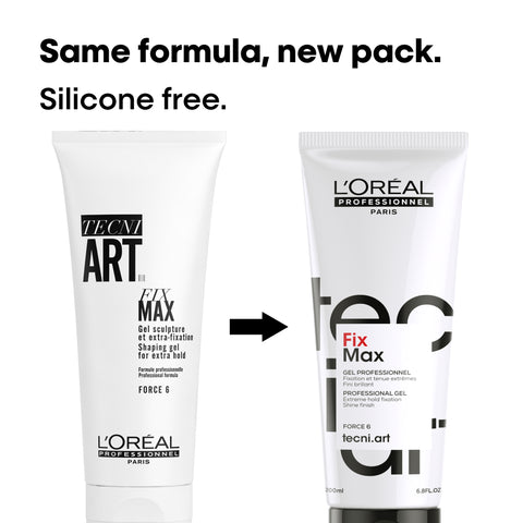 L'Oréal Professionnel Fix Max styling spray bottle in 200ml size, black and gold design for strong hold hair styling.