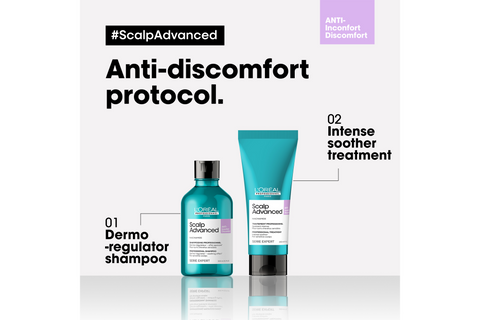 Loreal Professionnel Scalp Advanced Anti-Discomfort Treatment 200mL bottle shown, designed to soothe and treat scalp discomfort.
