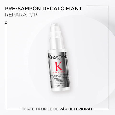 Kérastase Première Decalcifying Ultra-Repairing Pre-Shampoo Treatment in 45ml bottle, designed for scalp and hair detoxification.