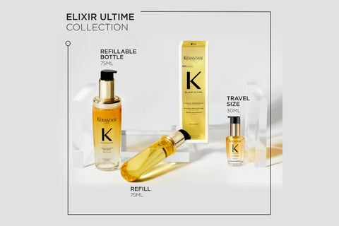 Kérastase Elixir Ultime Hair Oil 30ml bottle with pump dispenser, sleek black packaging, and gold accents on the label.