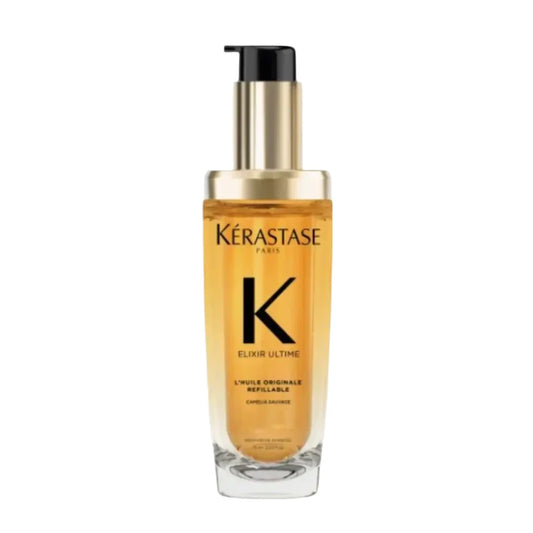 Kérastase Elixir Ultime Original Hair Oil 75ml in refillable bottle, showing the sleek, elegant packaging for nourishing hair care.