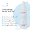 Stïm Haircare stimulating growth tonic in a clear bottle with a pump dispenser, designed to promote hair growth and scalp health.