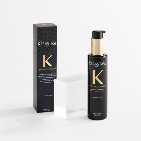 Kérastase Chronologiste bundle including Chrono Thermique regenerant hair care product in sleek packaging.