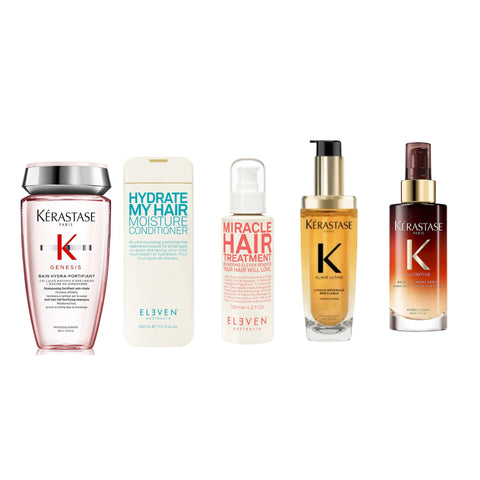 The Luxe Hair Ritual bundle by H&L SALON, featuring hair care products with bottles and packaging, on a neutral background.