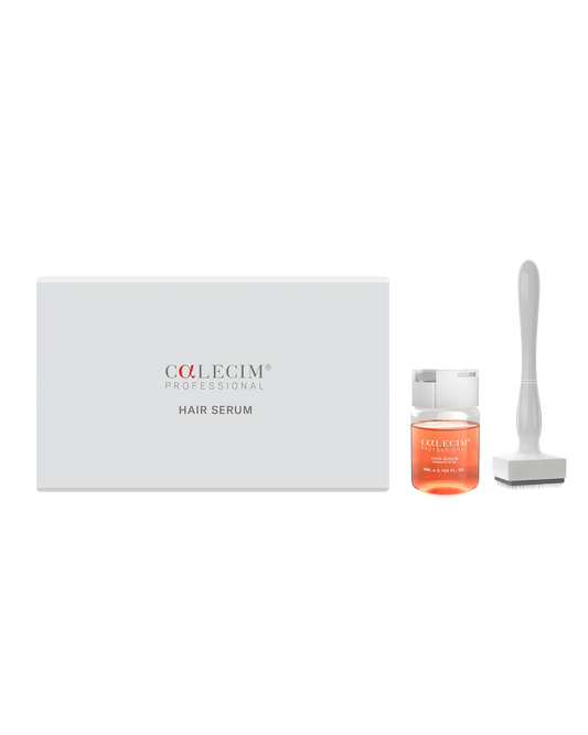 Calecim Hair Serum 5ml for scalp treatment, part of 6-week hair restoration program with PTT-6® in a sleek bottle.