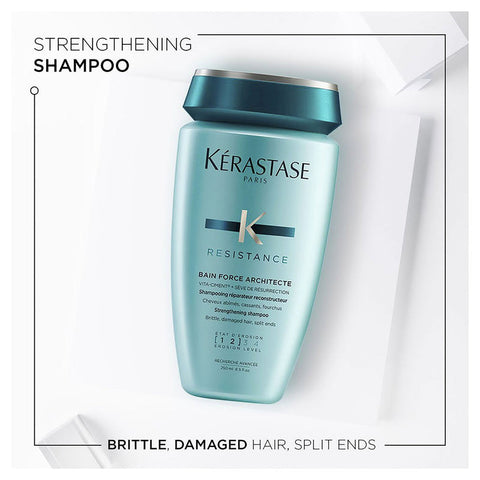 Kérastase Resistance bundle with shampoo and treatment bottles for damaged hair care, displayed on a white background.