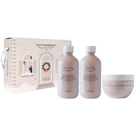 Pure Miracle Renew Christmas Trio set with skincare products from Pure, featuring festive packaging and assorted skincare items.