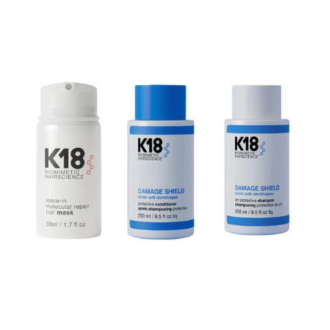 K18 Damage Shield Protective Bundle featuring K18 hair repair treatment in a sleek, professional packaging design.