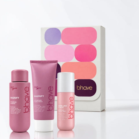 Bhave Holiday Pack Magnify hair care set with shampoo and conditioner bottles in festive packaging