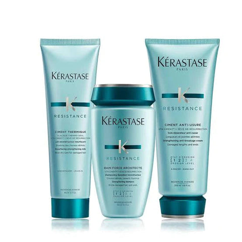 Kérastase Resistance bundle with shampoo, conditioner, and treatment products for damaged hair, displayed on a white background.
