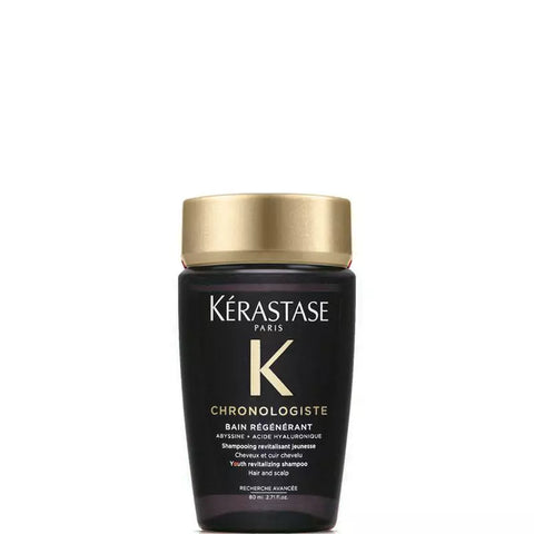Kérastase Chronologiste Bain revitalizing shampoo in 80ml bottle, shown with sleek packaging and product label.