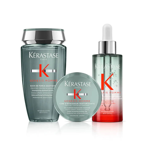 Kérastase Genesis Homme thickening regime bundle for men, featuring hair care products to strengthen and volumize hair.
