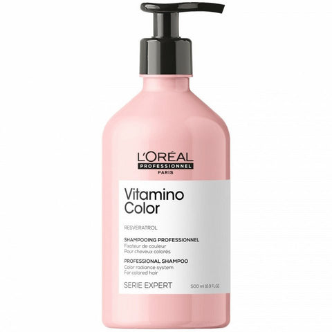 L'Oréal Professionnel Vitamino Color Shampoo 500ml bottle, nourishing hair care for color-treated hair, with brand logo visible