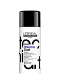 L'Oréal Professionnel Volume Dust styling powder in a 7g container, shown with the product packaging and applicator brush.