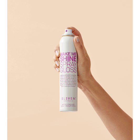 Eleven Australia Make Me Shine Spray Gloss 200ml styling product with a spray bottle for shiny, smooth hair.