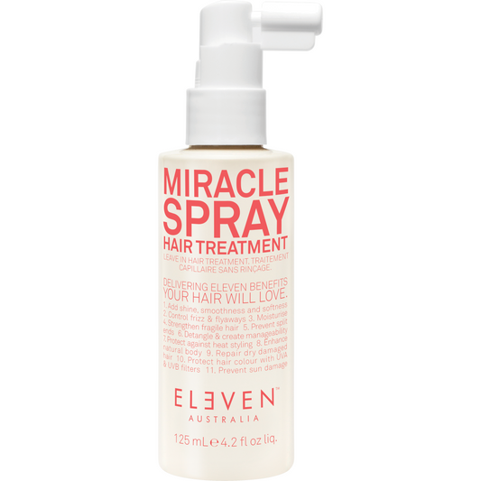 Eleven Australia Miracle Spray Hair Treatment in 125ml spray bottle, designed to nourish and strengthen hair.