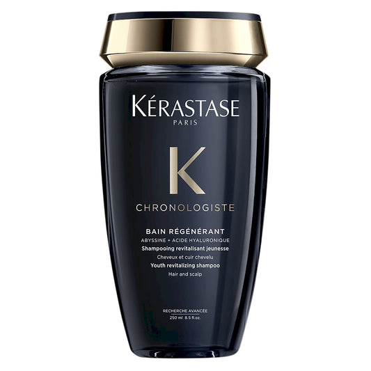 Kérastase Chronologiste Bain Shampoo 250ml bottle with sleek black packaging and silver accents, designed for luxurious hair cleansing.