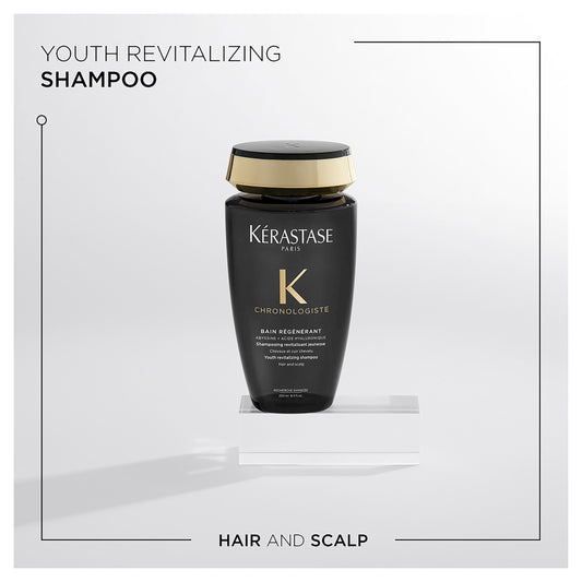 Kérastase Chronologiste Bain Shampoo bottle in 250ml size with sleek design, showcasing luxurious hair care for revitalizing hair.